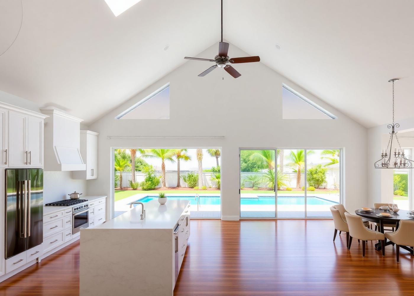 Modern Central Florida home interior with vaulted ceilings and pool view